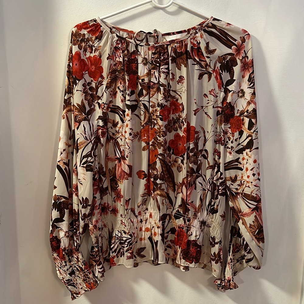 H&M Floral Sheer Long Sleeve Crêped Chiffon Feminine Floral Blouse Size 12 NWOT